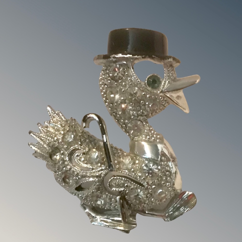Vintage Brooch Silver Tone Rhinestone Duck Top Hat and Cane